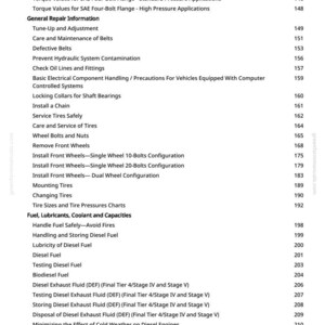 May include: A page from a manual with a table of contents. The text includes topics like "Torque Chart", "General Repair Information", "Fuel, Lubricants, Coolant and Capacities", and "Diesel Exhaust Fluid". The page numbers are listed on the right.
