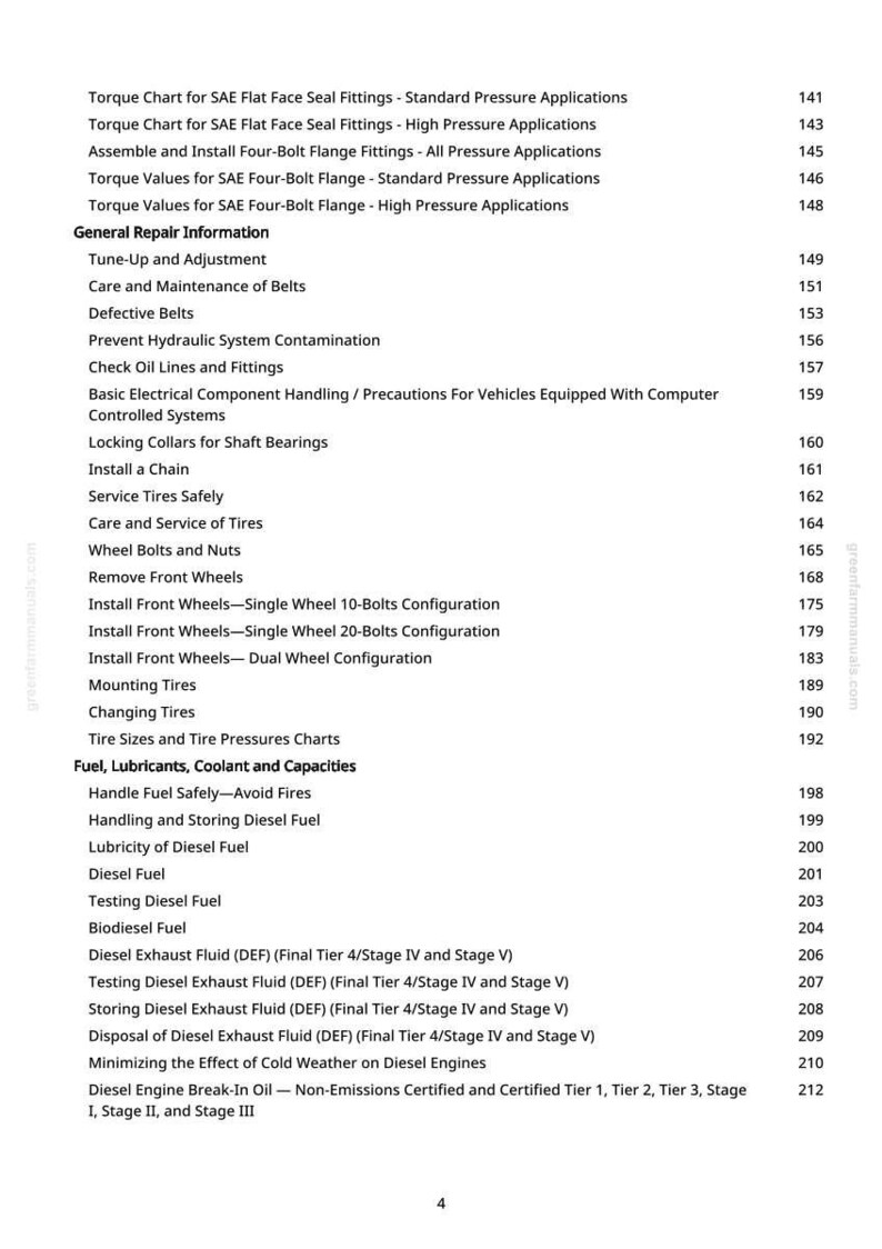 May include: A page from a manual with a table of contents. The text includes topics like "Torque Chart", "General Repair Information", "Fuel, Lubricants, Coolant and Capacities", and "Diesel Exhaust Fluid". The page numbers are listed on the right.