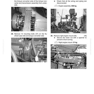 Puede incluir: Diagrama t&eacute;cnico de un manual que muestra los pasos de desmontaje y montaje del motor. Incluye fotos de primer plano de los componentes del motor, con etiquetas y medidas en kilogramos. El texto incluye instrucciones.