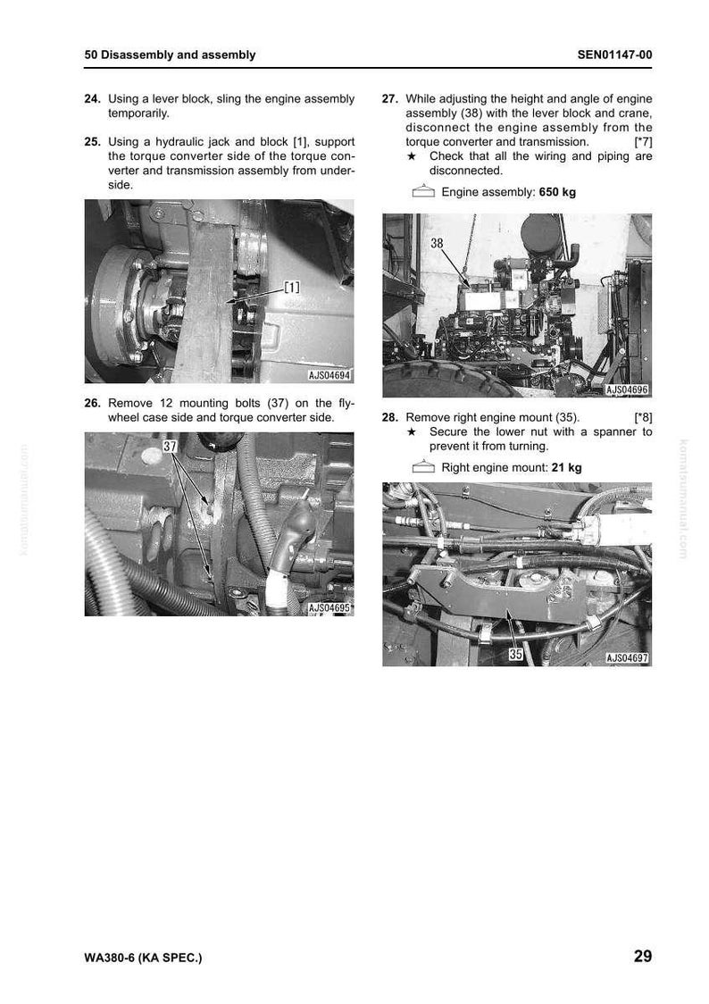 Puede incluir: Diagrama t&eacute;cnico de un manual que muestra los pasos de desmontaje y montaje del motor. Incluye fotos de primer plano de los componentes del motor, con etiquetas y medidas en kilogramos. El texto incluye instrucciones.