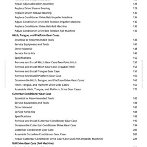 May include: A detailed table of contents from greenfarmmanuals.com, listing specifications and procedures for agricultural machinery repair. The text includes sections on drive belts, gear cases, and other components, with corresponding page numbers.