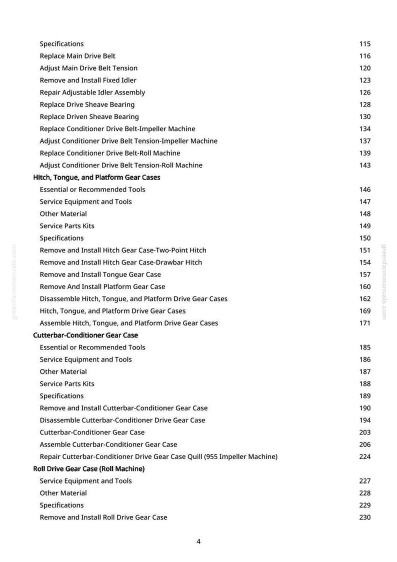 May include: A detailed table of contents from greenfarmmanuals.com, listing specifications and procedures for agricultural machinery repair. The text includes sections on drive belts, gear cases, and other components, with corresponding page numbers.