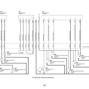 May include: A black and white electrical schematic diagram with text and symbols. The diagram shows labels for components like sensors, lights, and control units, connected by lines representing wiring. The text "YC13070-UN: Electrical Schematic" is at the bottom of the diagram.