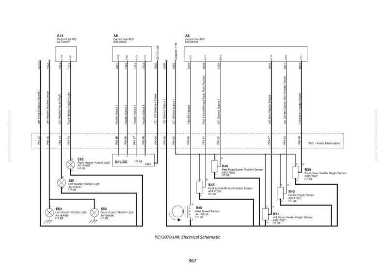 May include: A black and white electrical schematic diagram with text and symbols. The diagram shows labels for components like sensors, lights, and control units, connected by lines representing wiring. The text "YC13070-UN: Electrical Schematic" is at the bottom of the diagram.