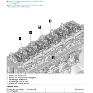 May include: Diagram of an engine's rocker arm components, including the rocker arm mechanism, mounting bolt, valve bridge, and bearing bracket. The image includes tightening torques for the rocker arm mechanism mounting bolts.
