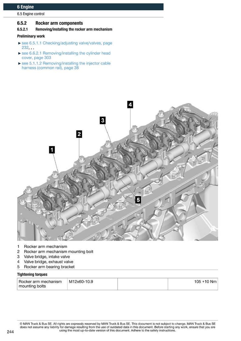 May include: Diagram of an engine's rocker arm components, including the rocker arm mechanism, mounting bolt, valve bridge, and bearing bracket. The image includes tightening torques for the rocker arm mechanism mounting bolts.