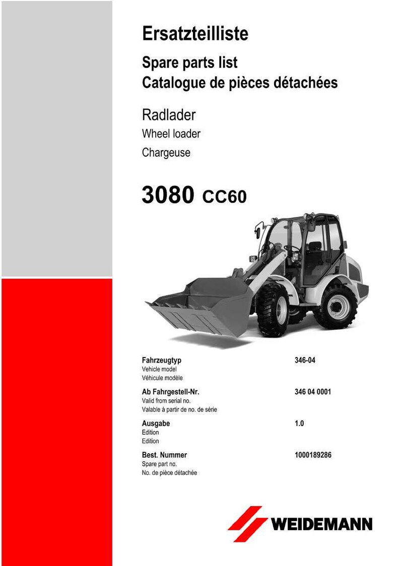 Pu&ograve; includere: Lista ricambi per una pala gommata, modello 3080 CC60. Il documento presenta specifiche tecniche e numeri di parte, con il logo Weidemann in basso.