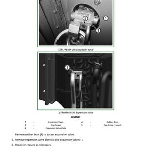 K&ouml;nnte beinhalten: Detaillierte Diagramm einer Expansionsventilbaugruppe mit Nahaufnahmen und Beschriftungen. Das Bild enth&auml;lt den Text "TX1171548A-UN: Expansion Valve" und "XJ1340844A-UN: Expansion Valve". Das Diagramm zeigt das Ventil, die Kapselschraube und die Expansionsventilplatte.