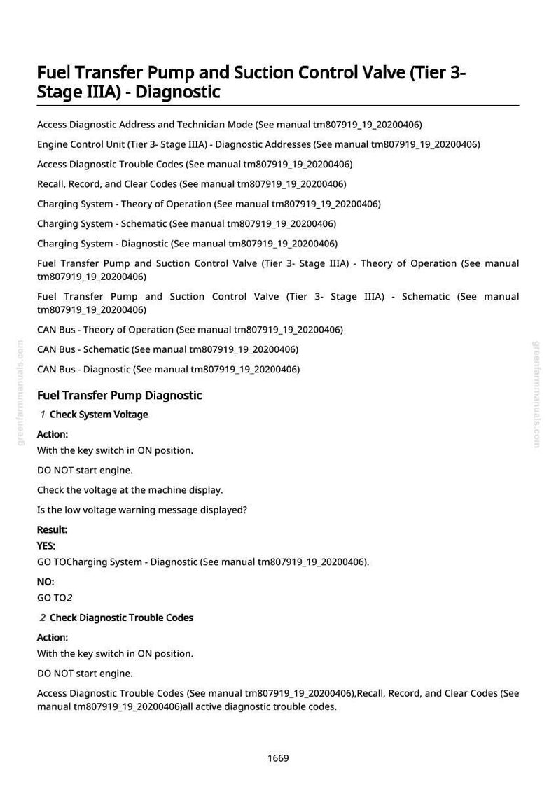 May include: A diagnostic manual page with text detailing the Fuel Transfer Pump and Suction Control Valve, including diagnostic procedures and troubleshooting steps. The page includes headings, bullet points, and reference numbers.