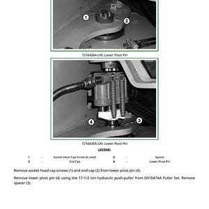 May include: Technical diagram showing the lower pivot pin assembly. The image includes close-up views of the pin, screws, and end cap. Text labels identify components and provide instructions for removal.