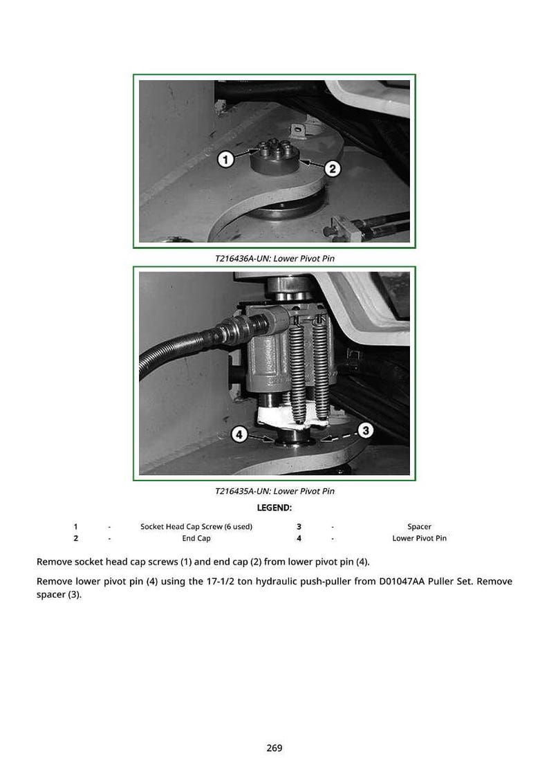 May include: Technical diagram showing the lower pivot pin assembly. The image includes close-up views of the pin, screws, and end cap. Text labels identify components and provide instructions for removal.