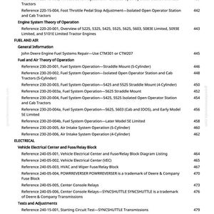 May include: A detailed contents page from a manual, listing tractor engine information, tests, adjustments, and electrical system details. Includes references to fuel systems, air intake, and relay blocks, with page numbers.