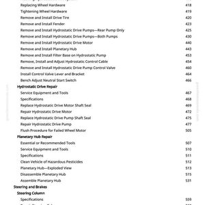 Pu&ograve; includere: Una pagina di un manuale con un elenco di procedure e specifiche, tra cui la riparazione dell'azionamento idrostatico, la riparazione del mozzo planetario e lo sterzo e i freni. Il numero di pagina &egrave; 8.