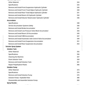 May include: A detailed contents page from a manual, listing mechanical procedures and components. Terms include "Hydraulic Cylinders", "Accumulator", and "Solution Spray System", with page numbers. Measurements are not included.