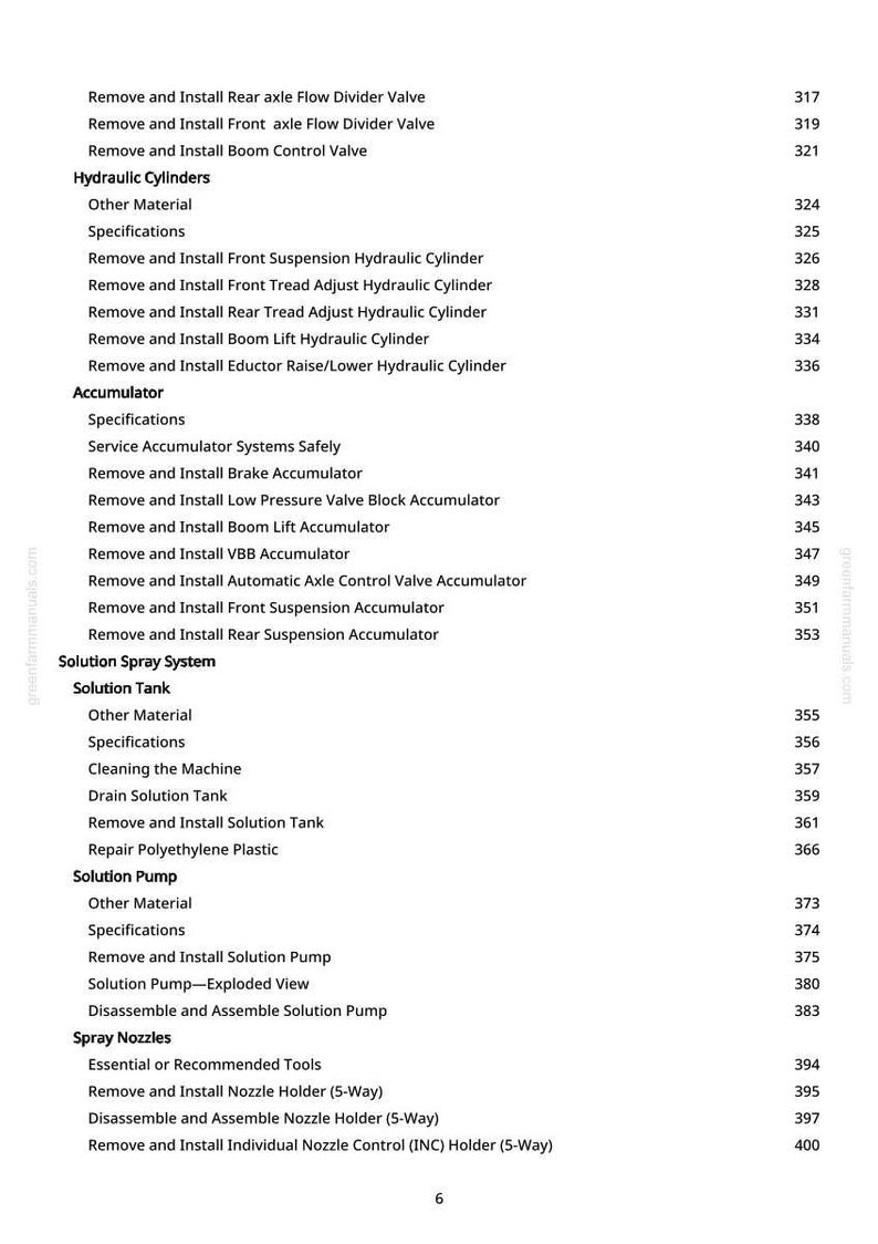 May include: A detailed contents page from a manual, listing mechanical procedures and components. Terms include "Hydraulic Cylinders", "Accumulator", and "Solution Spray System", with page numbers. Measurements are not included.
