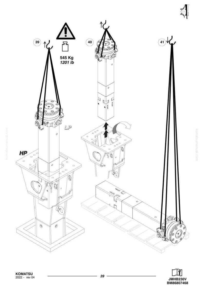 May include: Technical diagram of Komatsu machinery components, including a lifting diagram with a weight limit of 545 Kg. The image shows various parts suspended by ropes, with labels like "HP" and "LP".