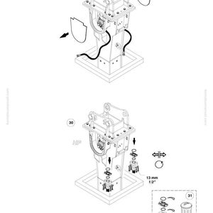 Op de afbeelding: Technische illustratie van een Komatsu JMHB870V machine, met meerdere aanzichten en explosietekeningen. Inclusief een meting van 13 mm en het Komatsu-logo. De afbeelding is in zwart-wit.