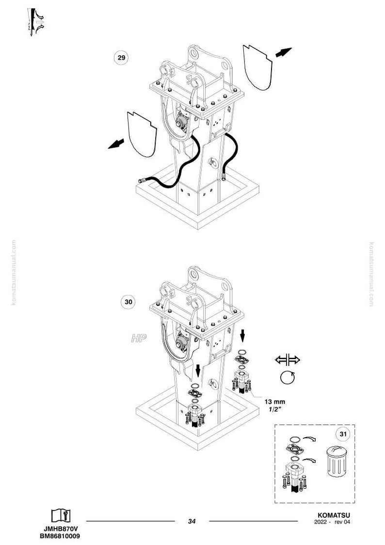Op de afbeelding: Technische illustratie van een Komatsu JMHB870V machine, met meerdere aanzichten en explosietekeningen. Inclusief een meting van 13 mm en het Komatsu-logo. De afbeelding is in zwart-wit.