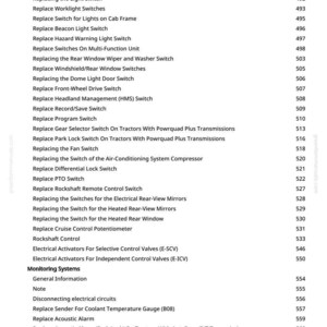 Peut inclure: Une page de manuel avec une liste de composants de tracteur et leurs num&eacute;ros de page correspondants. Le texte comprend des &eacute;l&eacute;ments tels que "Remplacer l'interrupteur principal" et "Remplacer les interrupteurs de frein".