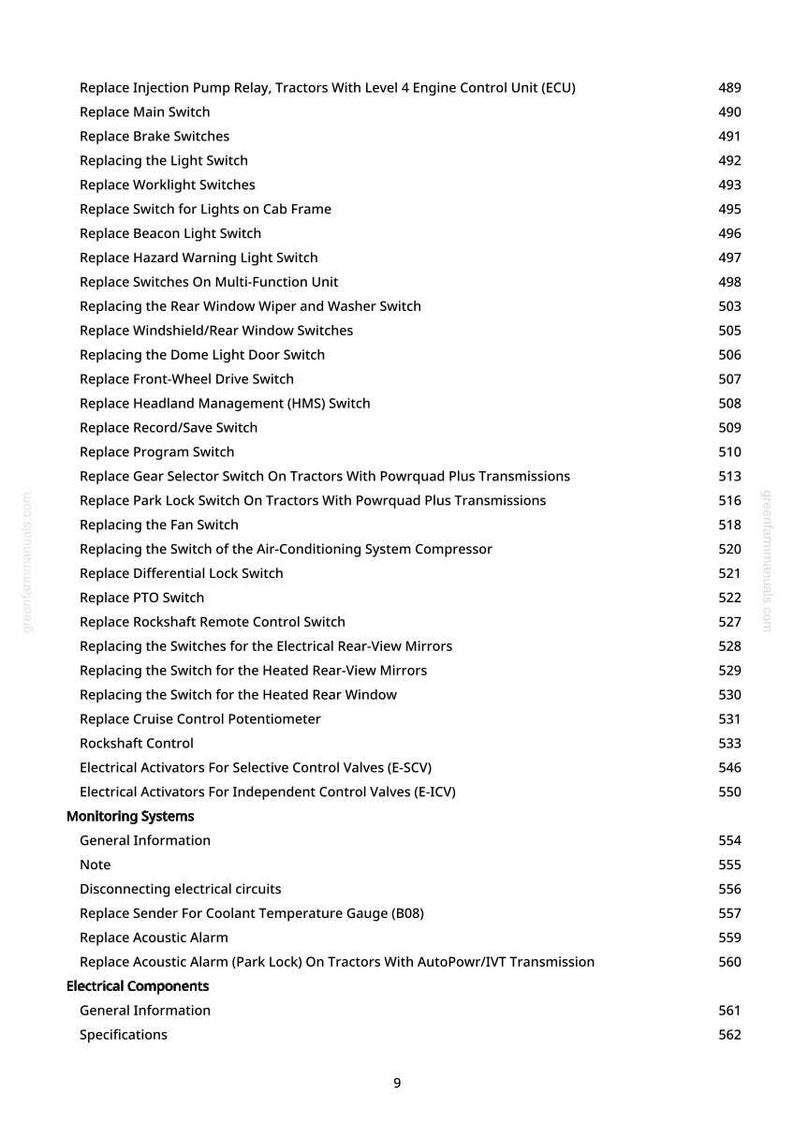 Peut inclure: Une page de manuel avec une liste de composants de tracteur et leurs num&eacute;ros de page correspondants. Le texte comprend des &eacute;l&eacute;ments tels que "Remplacer l'interrupteur principal" et "Remplacer les interrupteurs de frein".
