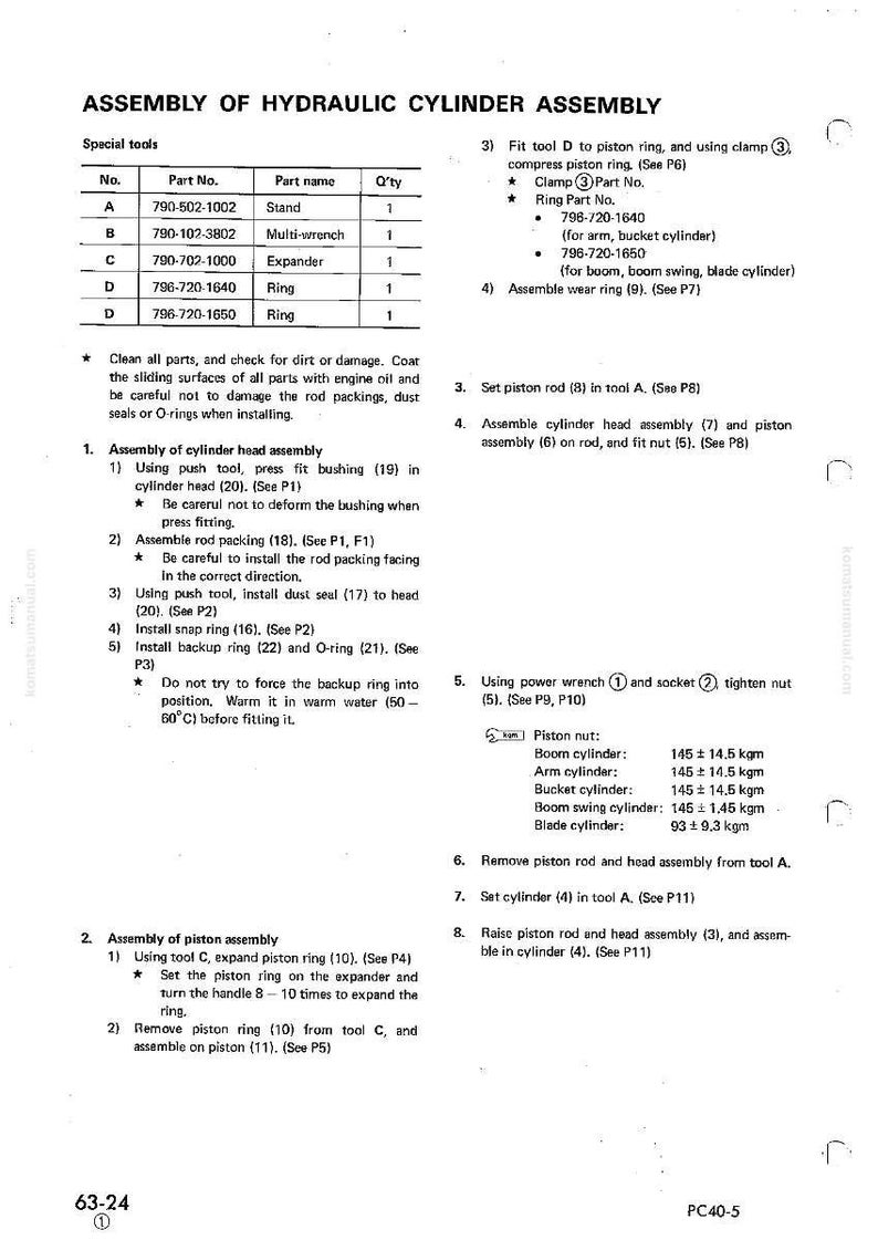 Pode incluir: Instru&ccedil;&otilde;es de montagem de um cilindro hidr&aacute;ulico, com uma lista de pe&ccedil;as e diagramas. Inclui medidas em kgm para as porcas do pist&atilde;o e etapas detalhadas.