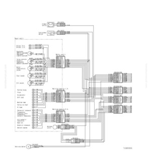 May include: An electrical circuit diagram for a main monitor system, with the text "Troubleshooting" and "Serial No. 51001 and up." The diagram includes various components and wiring, with labels such as "Wisher," "Art," and "Parking Brake."
