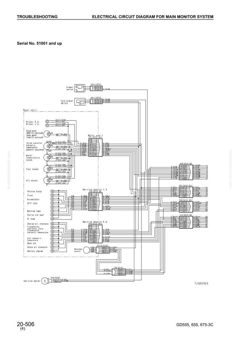 May include: An electrical circuit diagram for a main monitor system, with the text "Troubleshooting" and "Serial No. 51001 and up." The diagram includes various components and wiring, with labels such as "Wisher," "Art," and "Parking Brake."