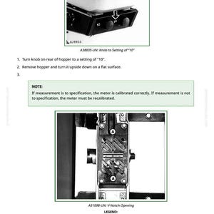May include: Diagram illustrating the calibration of an insecticide/herbicide meter. The image includes close-up views of the meter's components, with labels and instructions for setting the knob to "10" and measuring the V-notch opening.