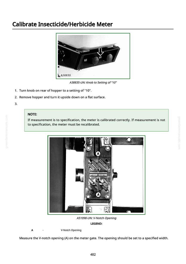 May include: Diagram illustrating the calibration of an insecticide/herbicide meter. The image includes close-up views of the meter's components, with labels and instructions for setting the knob to "10" and measuring the V-notch opening.