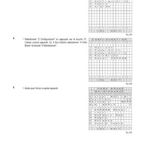 May include: A technical diagram in French, detailing electronic diagnostics and settings. The image features tables with options such as "Main Menu", "Configuration", and "Park Brake Maintenance".