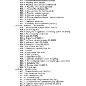 May include: A detailed list of mechanical components and procedures, including axle differentials, gearboxes, and hydraulic systems. The text is in black font on a white background, providing a comprehensive guide to various mechanical adjustments and assemblies.
