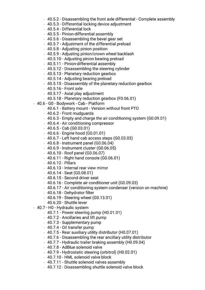 May include: A detailed list of mechanical components and procedures, including axle differentials, gearboxes, and hydraulic systems. The text is in black font on a white background, providing a comprehensive guide to various mechanical adjustments and assemblies.