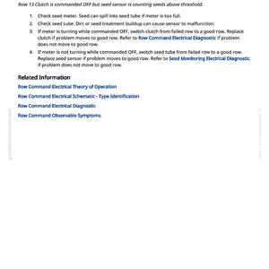 May include: A white document with black text detailing troubleshooting steps for a seed sensor. The document includes numbered instructions and related information about row command electrical diagnostics.