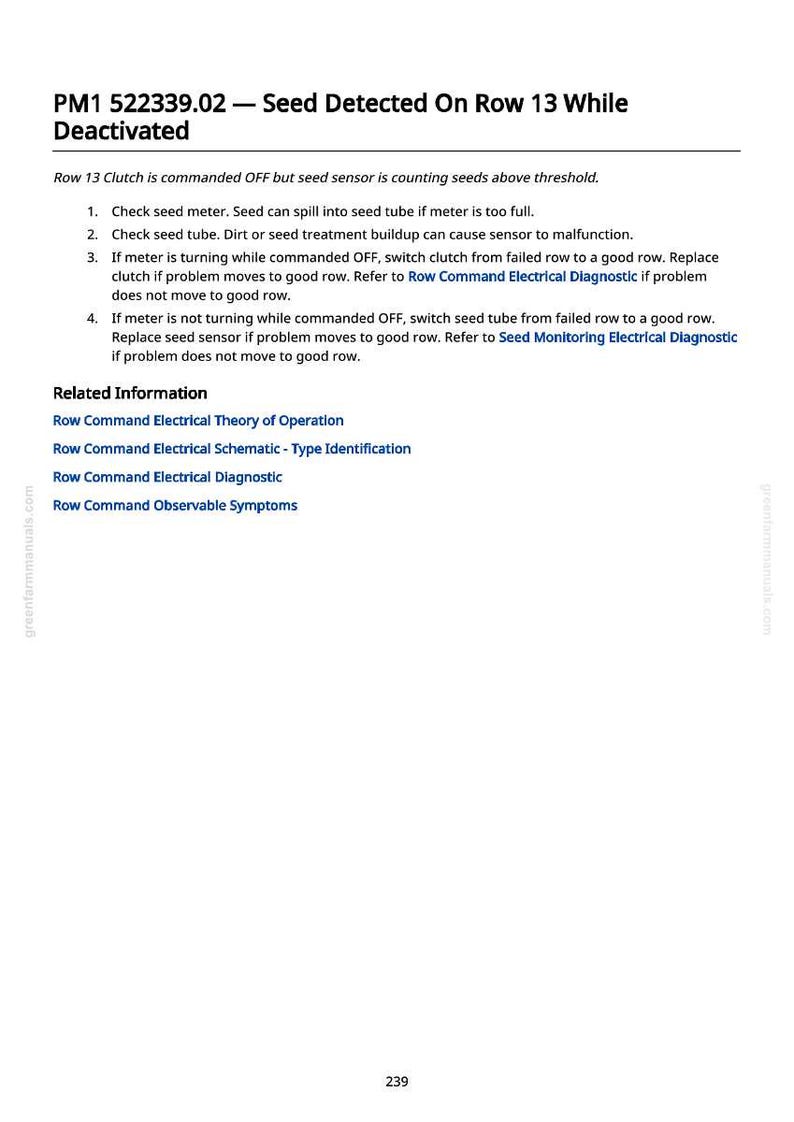 May include: A white document with black text detailing troubleshooting steps for a seed sensor. The document includes numbered instructions and related information about row command electrical diagnostics.