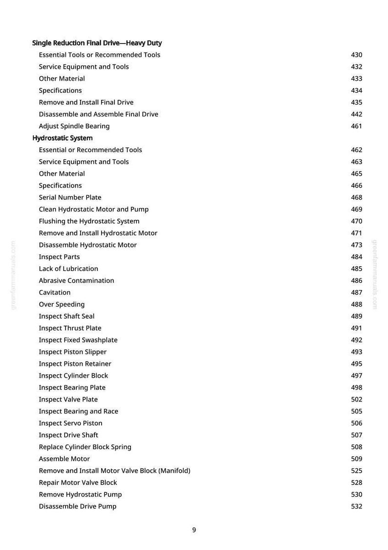 May include: A detailed table of contents from a manual, with the title "Single Reduction Final Drive - Heavy Duty." The text lists various topics, including tools, equipment, and system components, with corresponding page numbers.