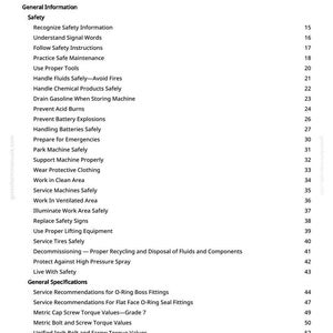 May include: A page from a manual titled "Table of Contents" with a list of safety and maintenance topics. The text is black on a white background, with page numbers on the right.