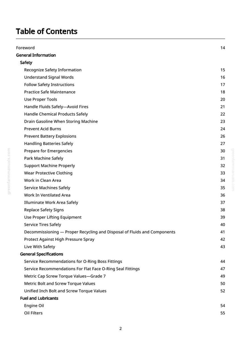 May include: A page from a manual titled "Table of Contents" with a list of safety and maintenance topics. The text is black on a white background, with page numbers on the right.