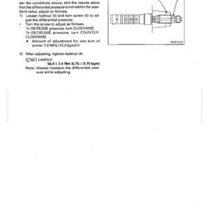 May include: A page from a manual with the title "Testing and Adjusting LS Valve Output Pressure". It includes diagrams and instructions for adjusting a valve, with measurements in both MPa and kg/cm&sup2;.