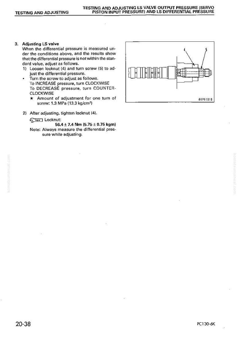 May include: A page from a manual with the title "Testing and Adjusting LS Valve Output Pressure". It includes diagrams and instructions for adjusting a valve, with measurements in both MPa and kg/cm&sup2;.