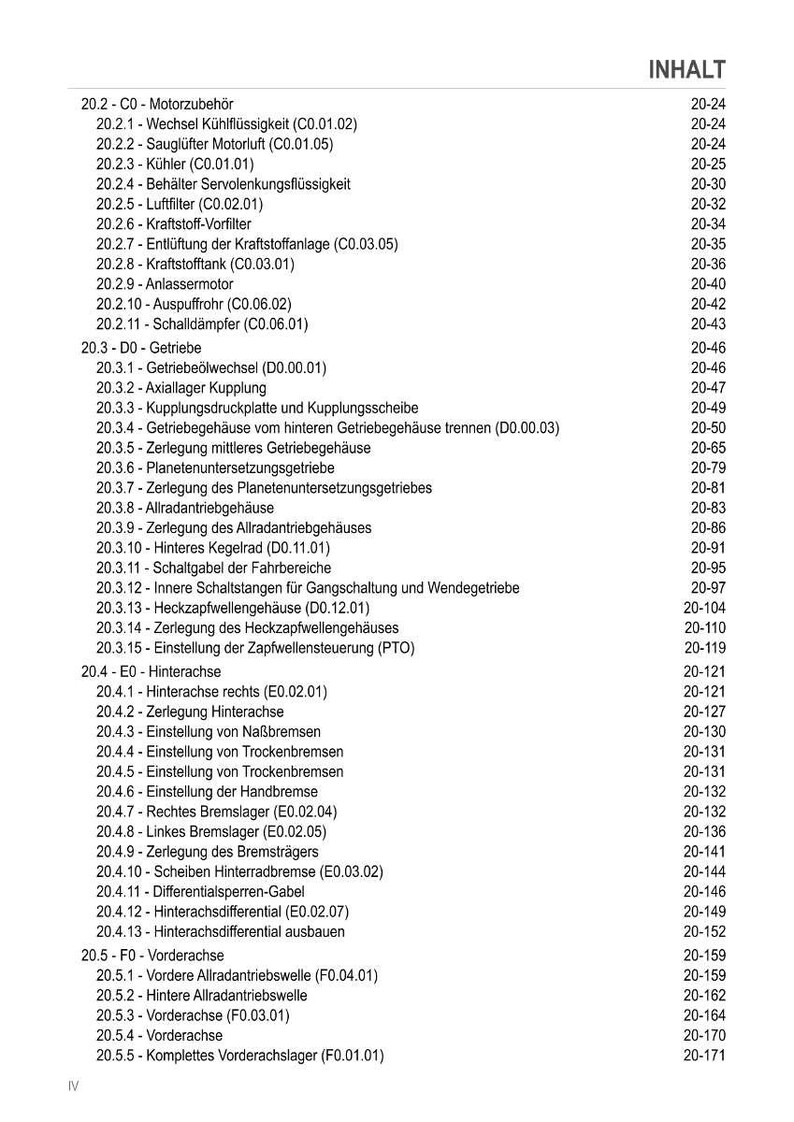 May include: A detailed table of contents from a technical manual, listing automotive components and procedures. The text is in German, with sections on engine components, transmissions, and axles. The page numbers are on the right.