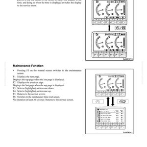 May include: A technical diagram from a PC200LC-8 monitor system, detailing service meter and maintenance functions. The image includes screen displays with gauges and function keys, along with text explaining the functions.
