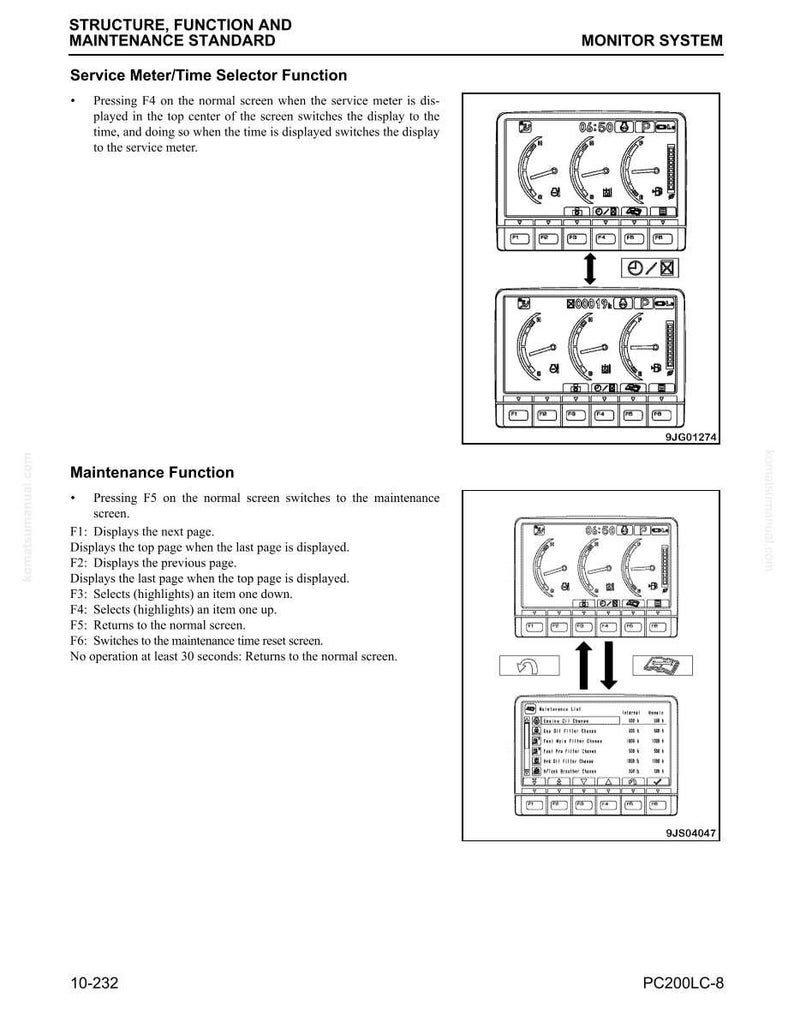 May include: A technical diagram from a PC200LC-8 monitor system, detailing service meter and maintenance functions. The image includes screen displays with gauges and function keys, along with text explaining the functions.