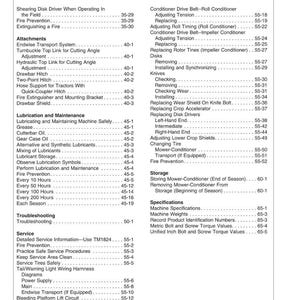 May include: A detailed table of contents from a manual, listing topics such as "Fire Prevention," "Lubrication," and "Troubleshooting." The pages are numbered, and the text is in black on a white background.