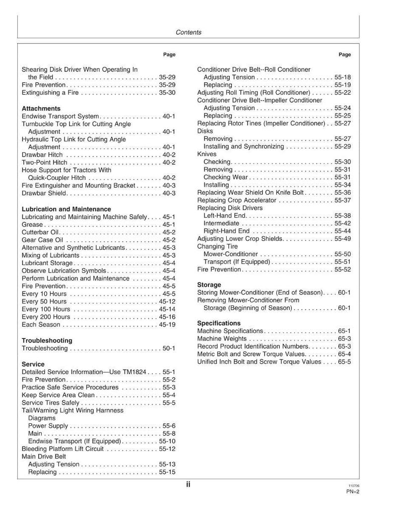 May include: A detailed table of contents from a manual, listing topics such as "Fire Prevention," "Lubrication," and "Troubleshooting." The pages are numbered, and the text is in black on a white background.