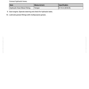 May include: A page from a manual with instructions for connecting hydraulic hoses. The text includes a warning about O-rings and a table with specifications, including a torque measurement of 30 lb-ft.