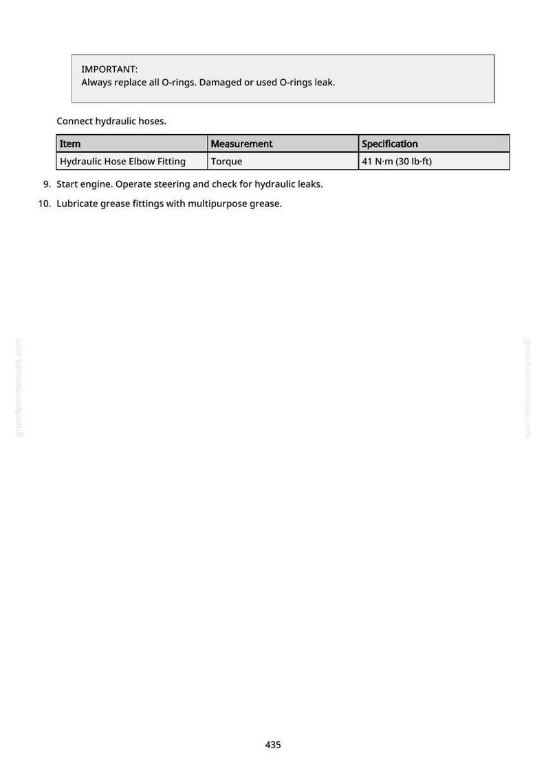 May include: A page from a manual with instructions for connecting hydraulic hoses. The text includes a warning about O-rings and a table with specifications, including a torque measurement of 30 lb-ft.