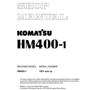 May include: A white shop manual cover with the text "SHOP MANUAL" in a large, outlined font. Below, the Komatsu logo and "HM400-1" are prominently displayed. The manual includes machine model and serial number information.