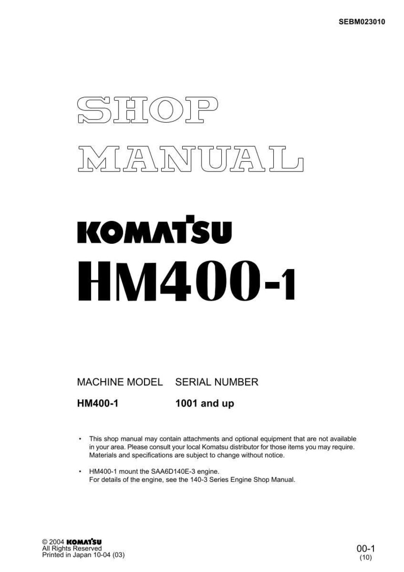 May include: A white shop manual cover with the text "SHOP MANUAL" in a large, outlined font. Below, the Komatsu logo and "HM400-1" are prominently displayed. The manual includes machine model and serial number information.