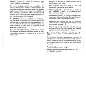 May include: A white document with the title "10 Structure and functions" and the text "Overview of the SiBAS 32 systems" and "Features". The document describes the SiBAS 32 systems used for modulating and logic control functions in haul trucks. The permissible temperature range is -40&deg;C to +70&deg;C (-40&deg;F to 158&deg;F).