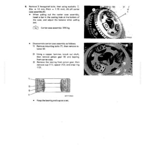 Może przedstawiać: Schemat techniczny z instrukcjami demontażu zespołu obudowy nośnej. Zawiera ilustracje element&oacute;w mechanicznych, wymiary w mm i instrukcje tekstowe. Schemat przedstawia r&oacute;wnież przekr&oacute;j poprzeczny zespołu łożyska i miseczki.